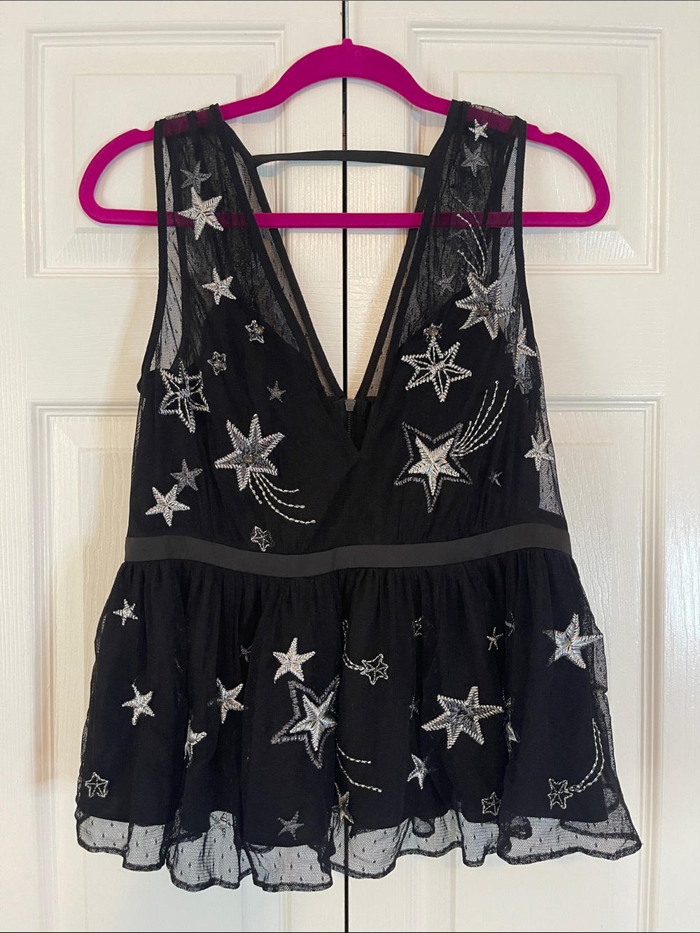 Express Black Sheer Star Embroidered Peplum Tank Top with Silver Accents